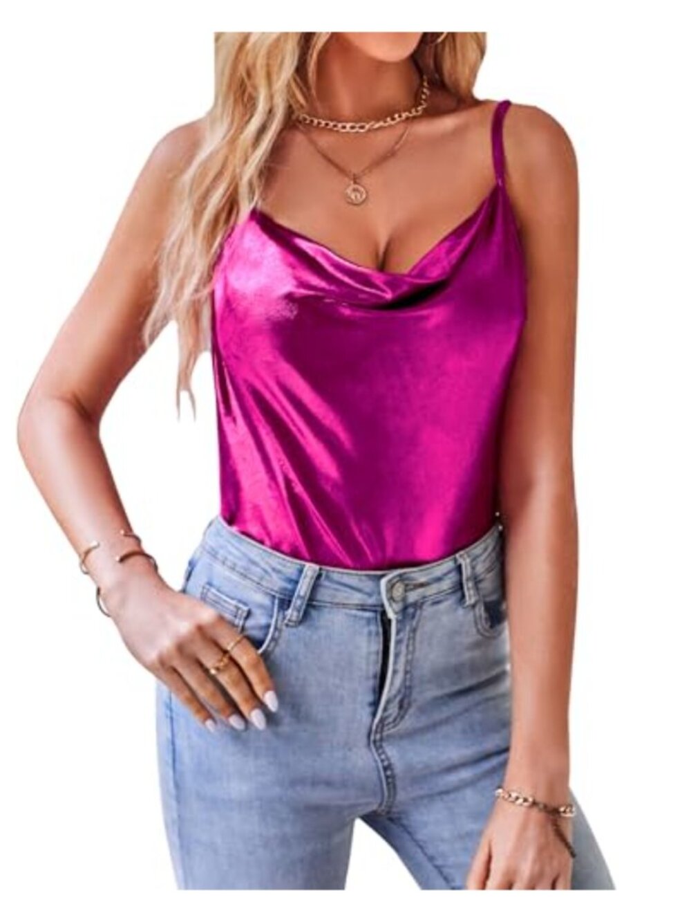 Women's Shimmer Cowl Neck Sleeveless Tank Top Sparkle Summer Camisole